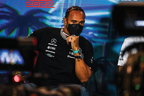 Mercedes' British driver Lewis Hamilton attends  the press conference for the first practice at the Miami International Autodrome for the Miami Formula One Grand Prix, in Miami Gardens, Florida, on May 6, 2022. (Photo by CHANDAN KHANNA / AFP) (Photo by CHANDAN KHANNA/AFP via Getty Images)